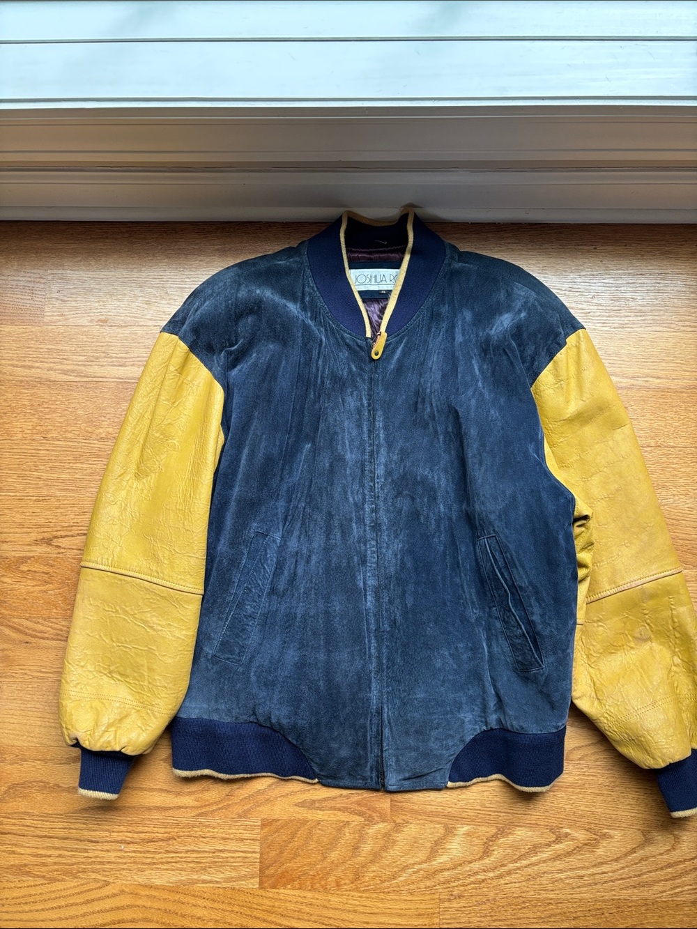 Navy Suede Bomber Jacket with Mustard Leather Sleeves